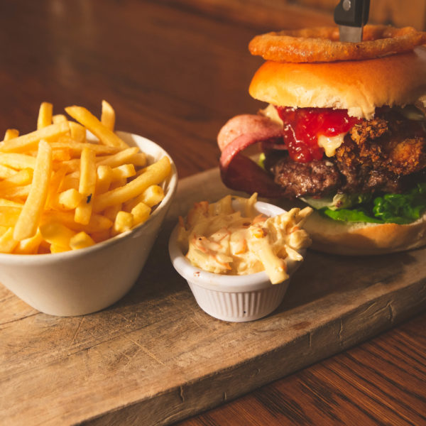 Burger with fries and coleslaw